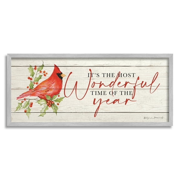 Stupell Industries Most Wonderful Time Cardinal Holiday Painting Gray Framed Art Print Wall Art