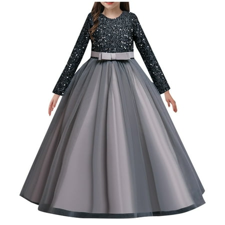 

EHTMSAK Infant Baby Toddler Child Children Kids Fall Winter Long Sleeve Dresses for Girl Sundress Sequin Dress Gray 4Y-10Y 160