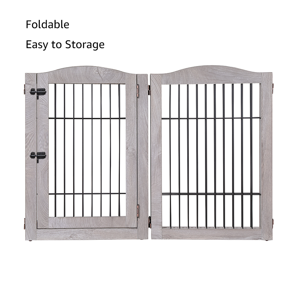 Unipaws Extra Wide Freestanding Dog Gate, 6 Panels Pet Playpen with Wood and Wire, Walk Through Dog Gate with 5 Support Feet