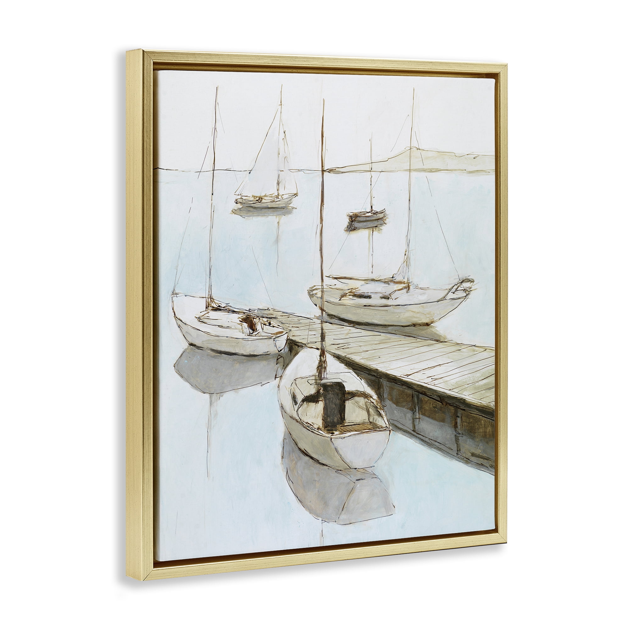 Stupell Industries Docked Sails Coastal Scene Gold Framed Floater Canvas Wall Art, design by Lorenzo Collective