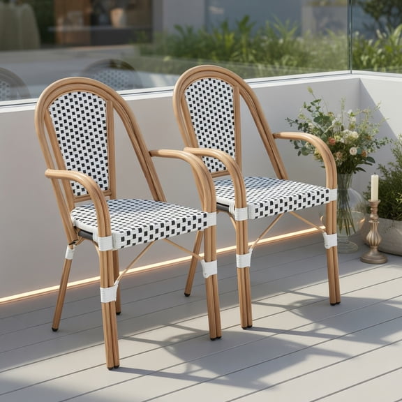 Spaco Set of 2 French Bistro Patio Chairs, Hand-Woven PE Wicker Weatherproof Outdoor Side Chairs for Garden Porch, White