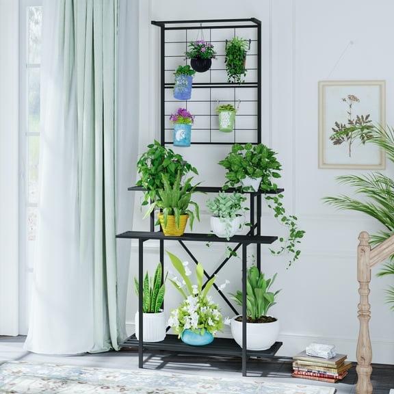Zhongma 3 Tier Heavy Duty Plant Stand with Hanging Plant pot shelf,Trellis,35.43 L x 18.11 W x 79.13H multi layer plant Holder for Home, Garden, Plant Lovers,Metal Storage Rack Shelf/Freestanding Disp