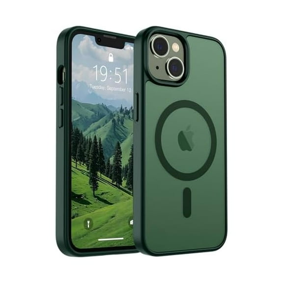 Magnetic for iPhone 14 Case & iPhone 13 Case (Compatible with MagSafe)(Military Grade Drop Protection) Slim Translucent Matte Shockproof Phone Cover,Forest Green