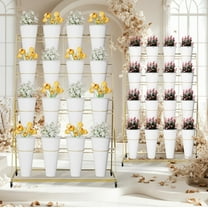 Flower Display Stand with 16 Pcs Buckets, Flower Cart Display Stand with Wheels, 4 Tier Metal Plant Stand, Moving Heavy Duty Flower Cart Flower Rack for Florist Indoor Outdoor Patio Garden (White)