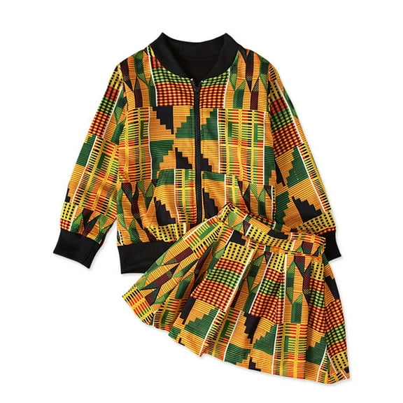 Mercatoo Size 8 Girls Outfits Toddler Girl African Zip Up Coat Skirt 2 Set for 1 to 5 Years Kids Outfit