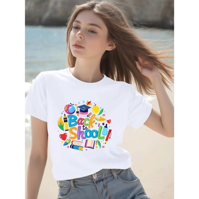 Back to School" Colorful Letter Print T-Shirt for Girls - Soft, Stretchy Fabric, Short Sleeve Crew Neck, Casual Summer Tee with Pencils, Books & Hearts Design, Back to School Clothes, Knit