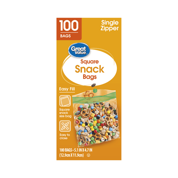 Great Value Fresh Seal Zipper Square Snack Bags, 100 Count