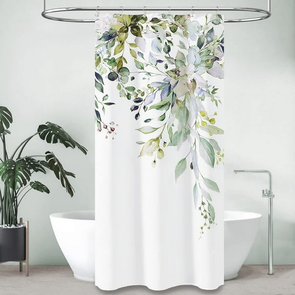 Stall Fabric Shower Curtain, 36x72 Narrow Linen Textured Heavy Duty Shower Curtain Set with 6 Metal Hooks, Watercolor Eucalyptus Leaves Plant with Floral Shower Curtains for Bathroom - Sage Green