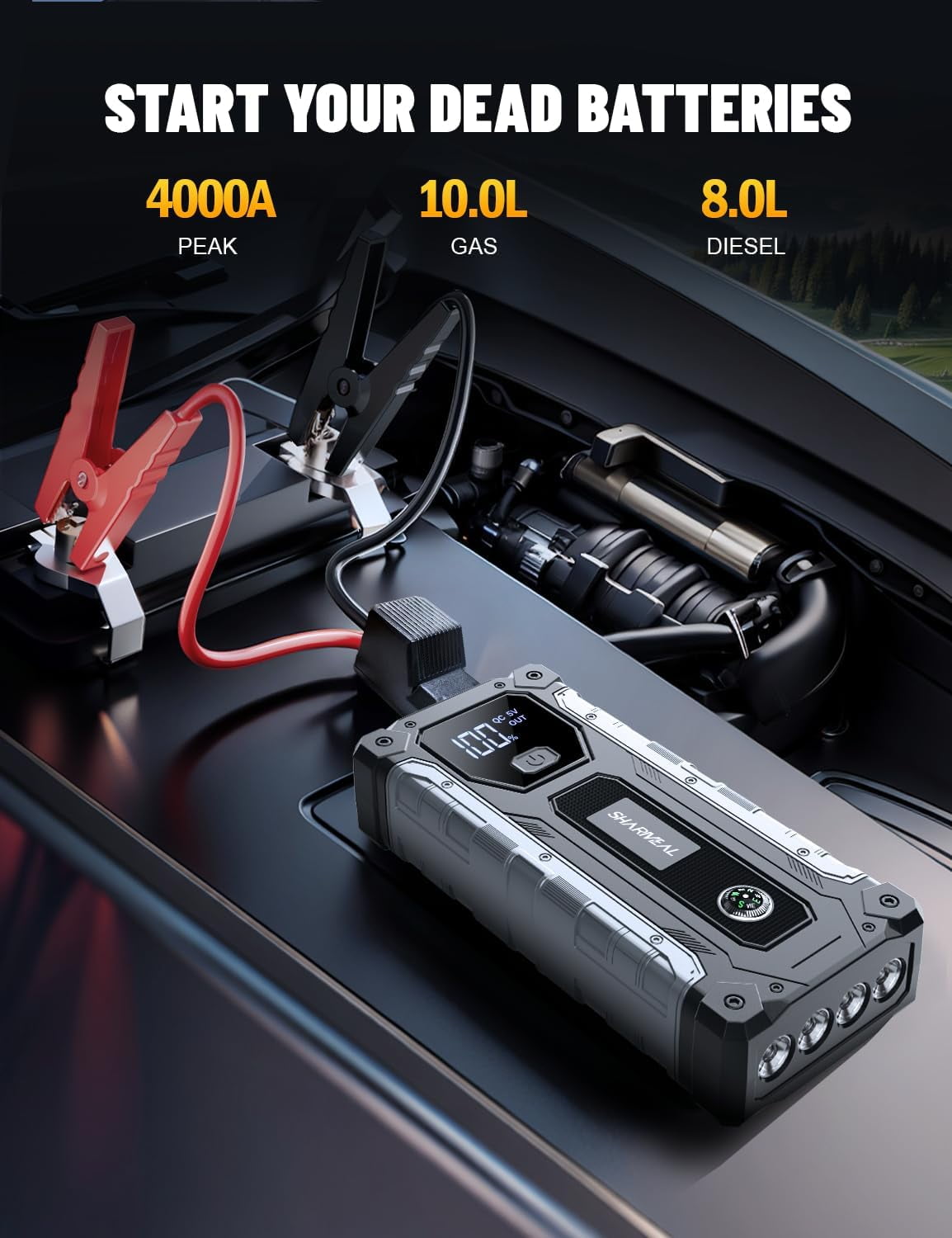 Car Jump Starter 3000A, Jump Starter Battery Pack for Up to 9.0L Gas and 7.0L Diesel Engines, 12V Portable Jump Box with LED Light