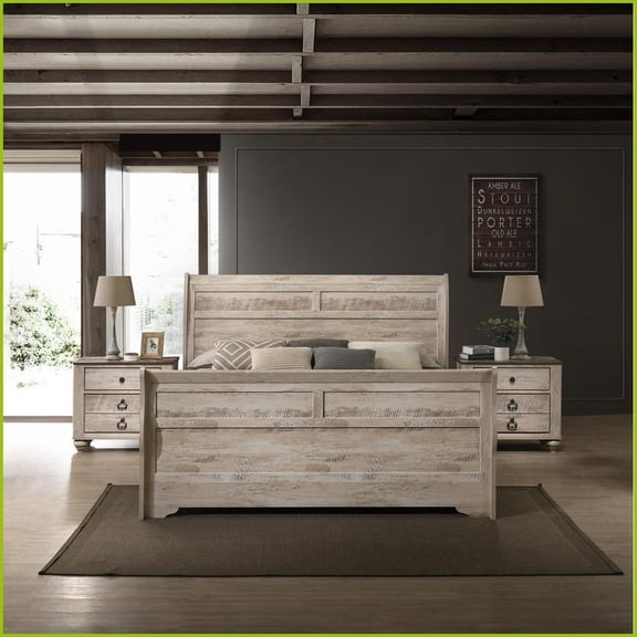 Bedroom Furniture Set King Sleigh Bed & 2 Nightstands Rustic White Wash Solid Wood | Wood | Sleigh Beds