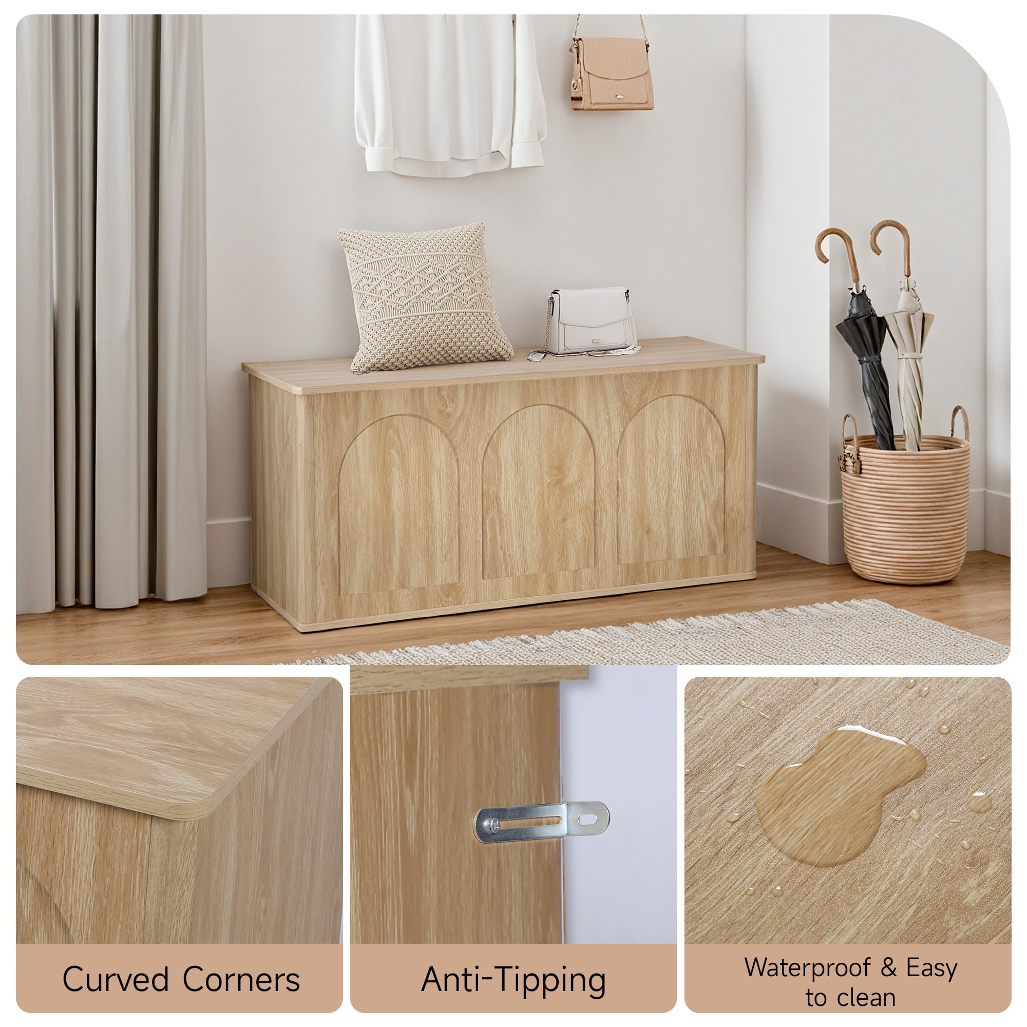Wirrytor 39" Large Curved Edge Shoe Storage Bench with Flip Top, Arched Panel Storage Chest for Entryway Hallway Bedroom Toys Blankets, Natural Wood