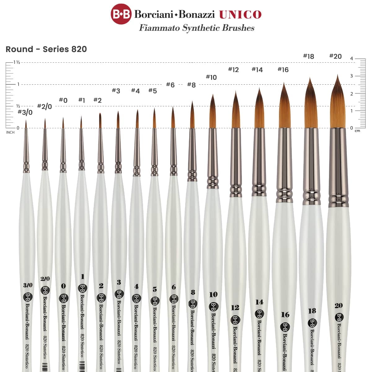 Borciani e Bonazzi Unico Fiamatto Synthetic Series 820 Paint Brush, Round Size 16 - 2 Pack - For Acrylic & Watercolor Painting - Ergonomic Handle, Animal-Friendly, Brass Ferrule, Handcrafted in Italy