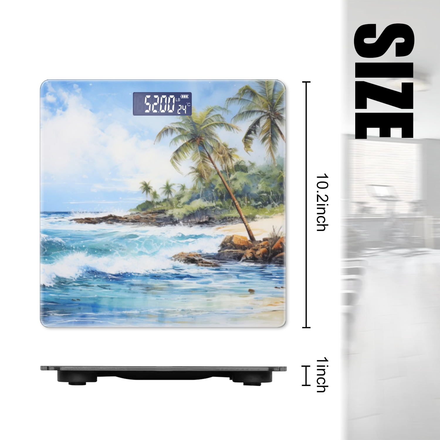 Bathroom Scale, Highly Accurate Digital Body Scale,Precisely Measures Weight up to 400 lbs-Watercolor Painting Of Beautiful Tropical Beach With Palm Trees