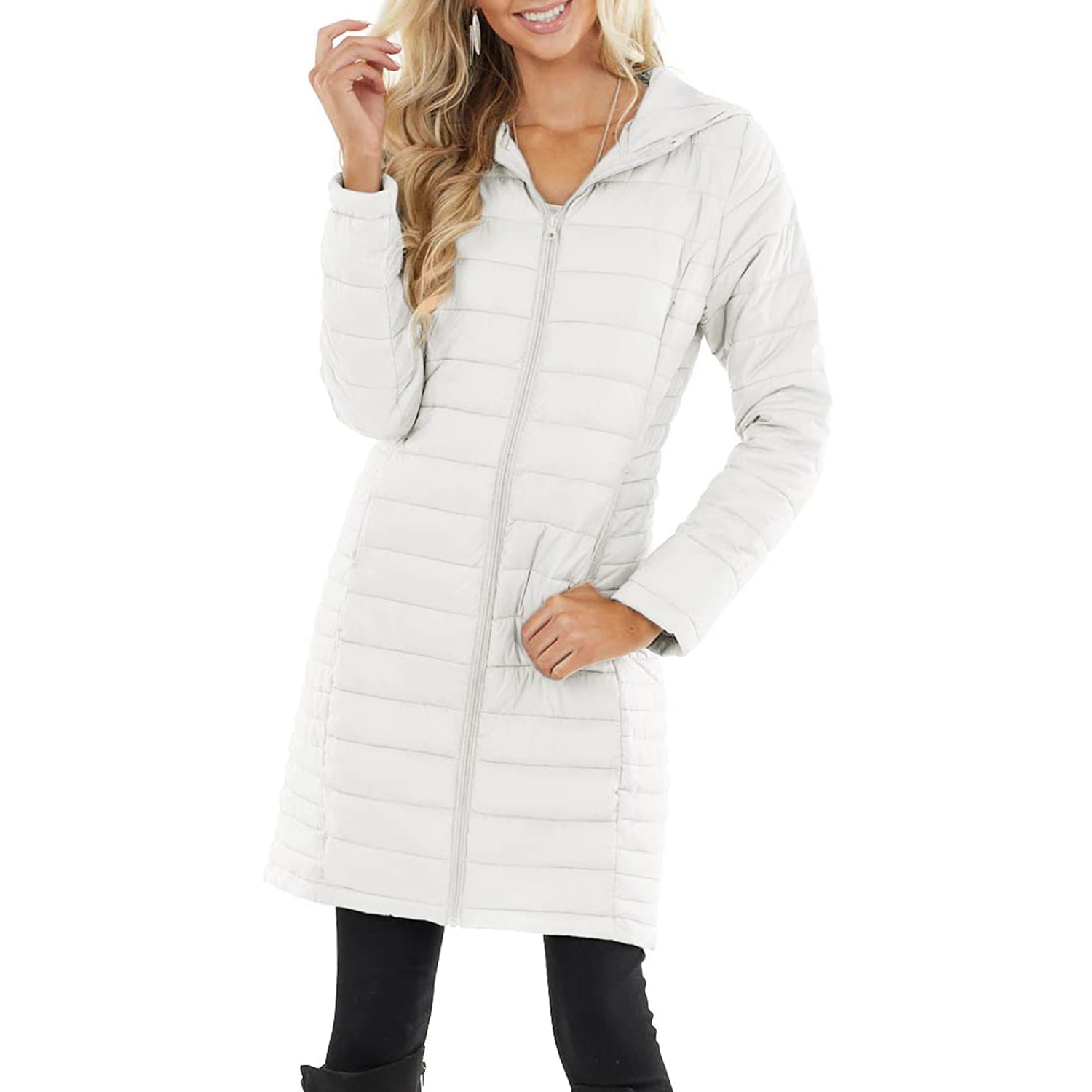 Ruanyu Womens Winter Lightweight Hooded Coat Long Sleeve Warm Zipper Outwear Casual Mid Length