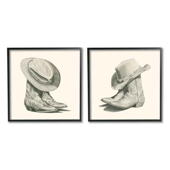Stupell Industries Rustic Cowboy Boots Beauty & Fashion Drawing Black Framed Art Print Wall Art, 12 x 12, Set of 2