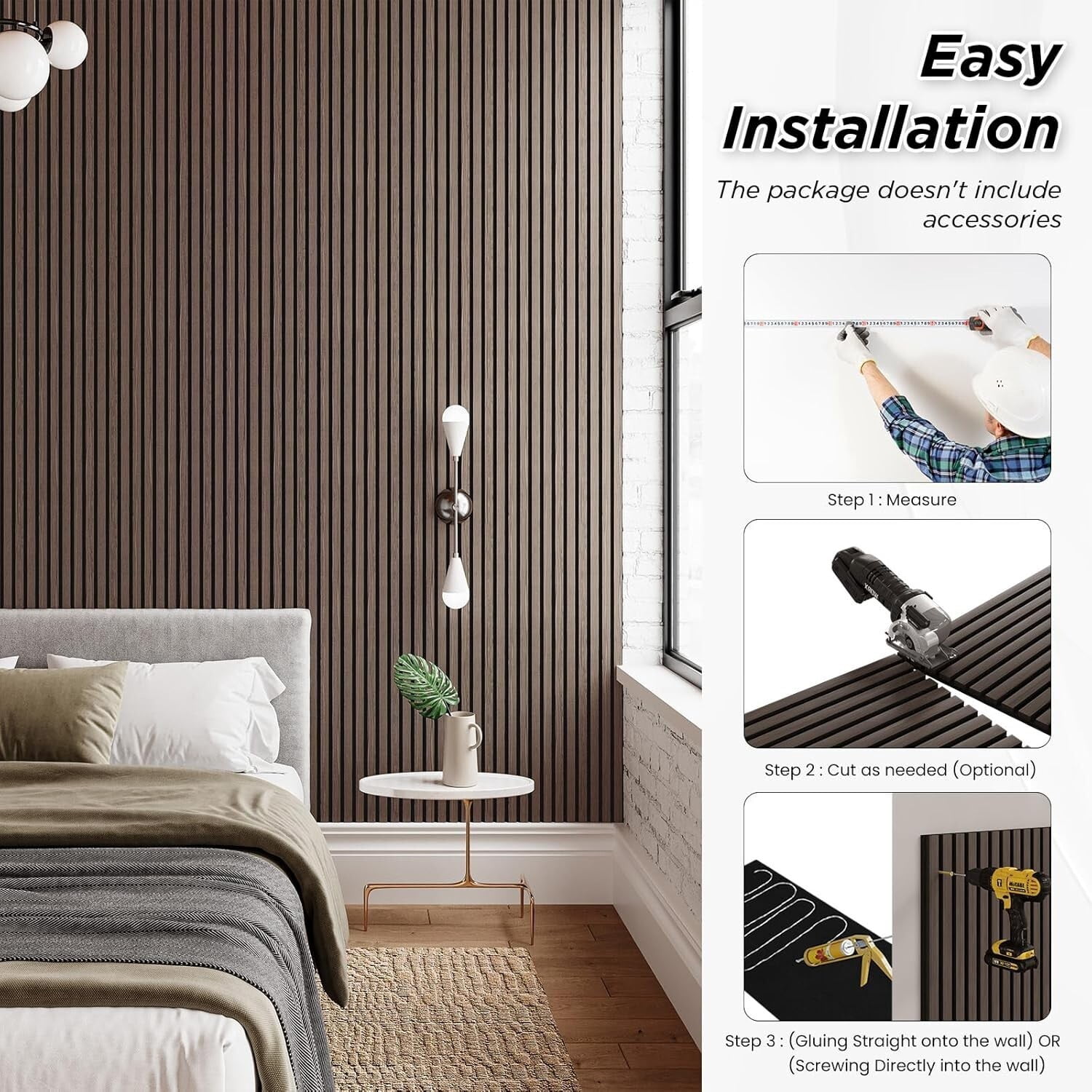Easy4Home 2Pcs 106"x20.5" Wood Slat Soundproof Wall Panels Acoustic 3D Fluted Decorative Panels, Dark Walnut