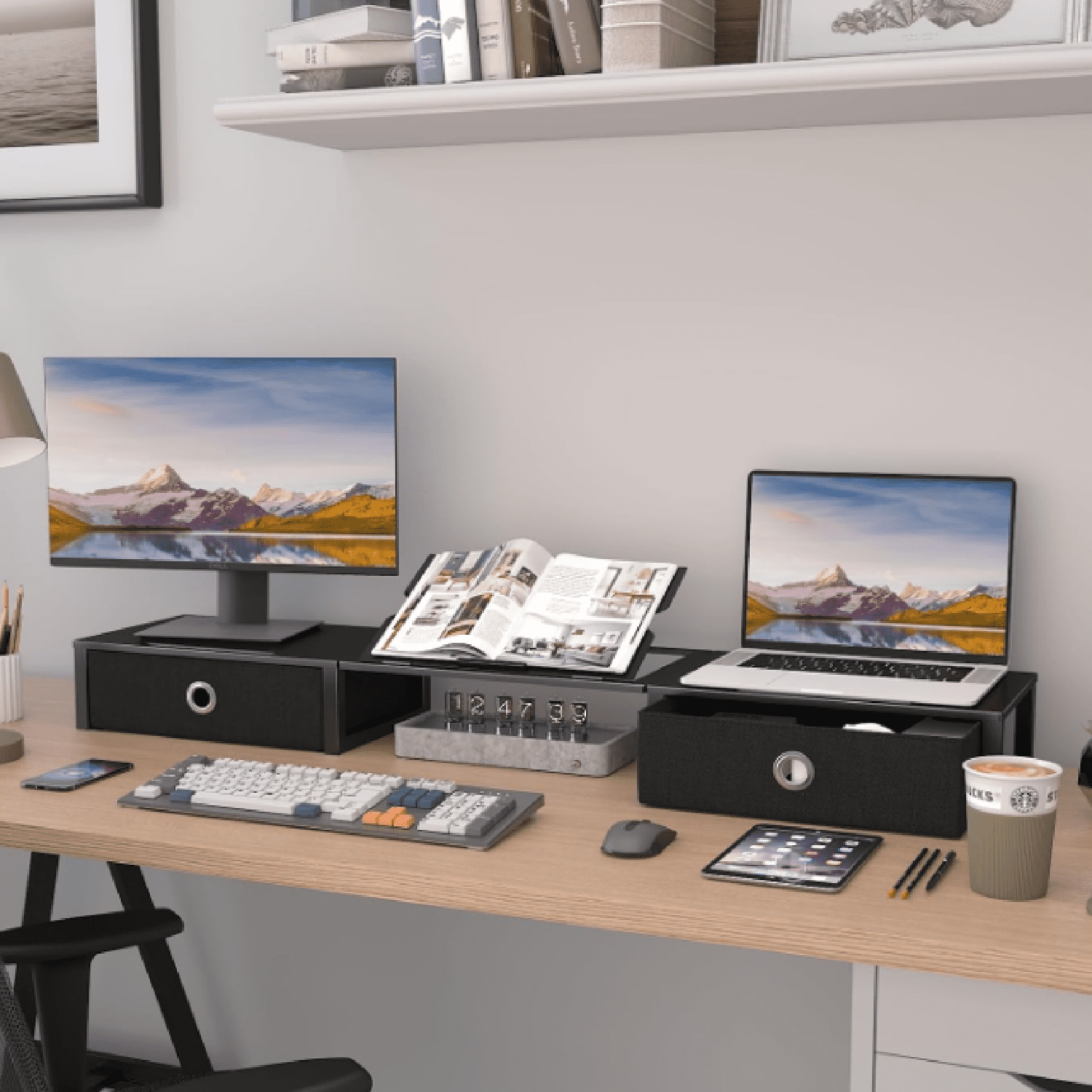 Monitor Stand Riser with Adjustable Laptop Stand Riser, Steel Frame Dual Monitor Stand with Two Drawers for 2 Monitors, Desktop Oraganizer Stand for Computer,Laptop,Screen