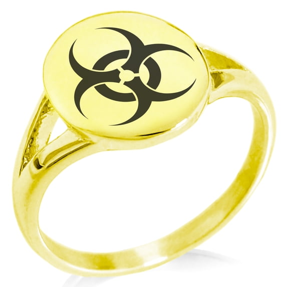Stainless Steel Biohazard Minimalist Oval Top Polished Statement Signet Ring