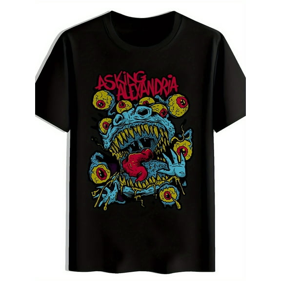 Men'S Asking Alexandria Graphic T-Shirt - British Metalcore Band Design, Casual Crew Neck Short Sleeve Tee, Vibrant Blue & Yellow Print, Lightweight Summer Top for Rock Music Fans, Rock Band T Shirts