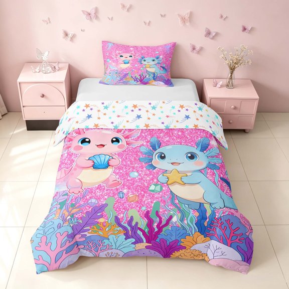 Homewish Cartoon Axolotl Twin Duvet Cover for Kids Girls, Pink Glitter Stars Twin Bedding, Colorful Stars Reversible, 2 Piece 1 Duvet Cover and 1 Pillowcase