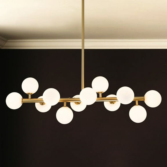 C Cattleya 12-Light Bronze Linear Chandelier with Opal Glass Globes for Kitchen, Living Room