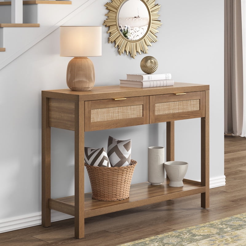 Surmoby Console Table with Rattan Drawers,Boho Wood Entryway Table Hallway Table Sofa Table with Open Storage Shelf for Living Room,Foyer and Corridor