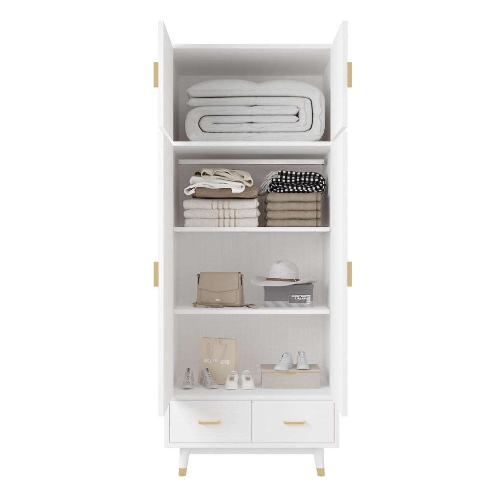 Zimtown Wood Door Closet Wardrobe with 2 Drawers, Armoire Wardrobe Cabinet with Optional Shelves&Hanging Rail, Versatile Clothes Storage, White