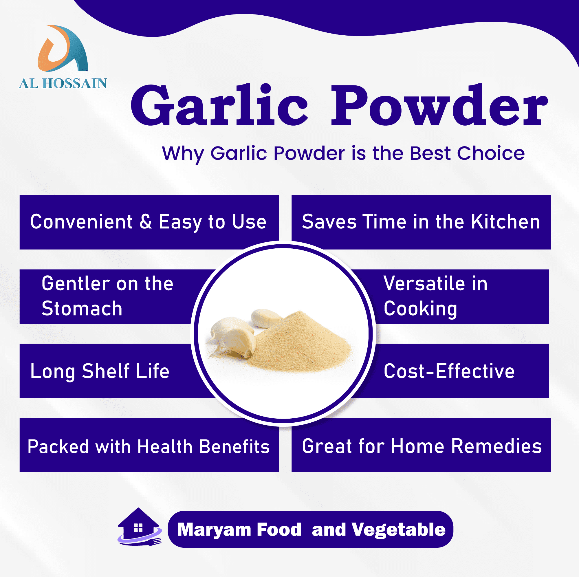 Al Hossain Indian Natural Garlic Powder bulk 11 LBS/ 5kg (176 oz). Gluten-Free. Garlic powder seasoning. Bold Flavor & Natural Aroma for Cooking.