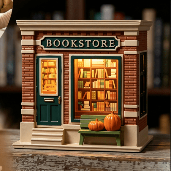Lighted Mini Bookstore Village House Figurine, Resin Autumn Fall Book Shop Miniature Building with LED Warm Lights Pumpkin Bench, Harvest Tabletop Decor Gift for Book Lovers