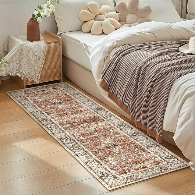 shiyou-Runner Rug Indoor Door Mat- Distressed Floral Boho Oriental Non-Slip Soft Low Pile Machine Washable Runner Soft Rug for Hallways Bathroom Carpet Laundry Room Bedroom Stair(Brick Red 2x6FT)