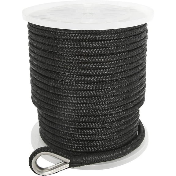 3/8 Inch X 200 Feet Double Braid Nylon Anchor Line with Stainless Steel Thimble and Plastic Chuck (Black)