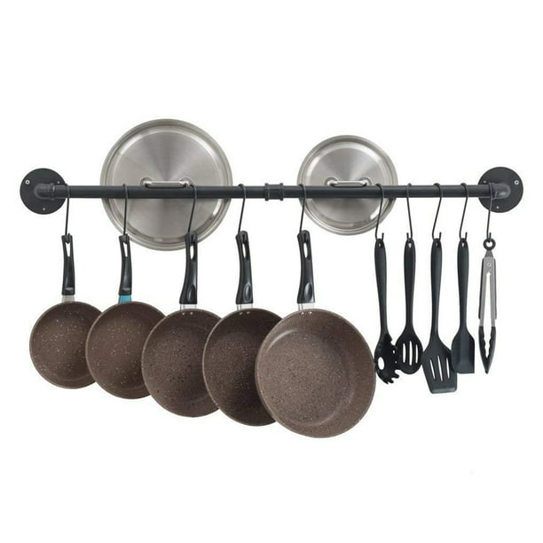 Wall Mount Pot Pan Bar Rack Irony Industrial Hang Rail Kitchen Utensils+ 10Hooks Black Walmart