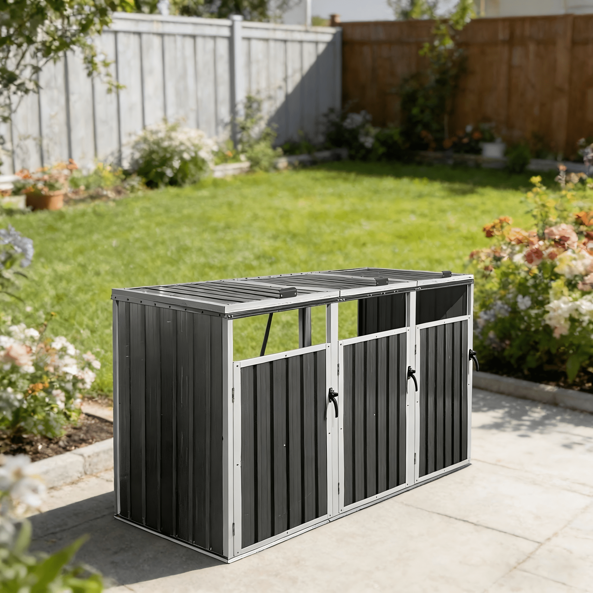 Royard Oaktree 3-Trash Can Metal Garbage Bin Shed - Outdoor Galvanized Steel Storage Shed with Lockable Lid & Ventilated Design for Garden, Yard, Pool Area, Dark Grey
