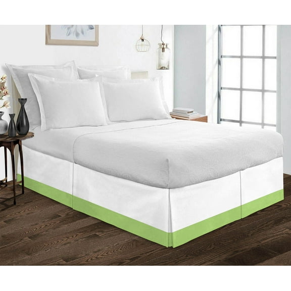 1 Piece Split Corner Two Tone Tailored Bed Skirt By D.N.G. BEDDINGS, Twin Size 21 Inch Deep Pocket, 800 TC, 100% Egyptian Cotton, Solid White/Sage Color.