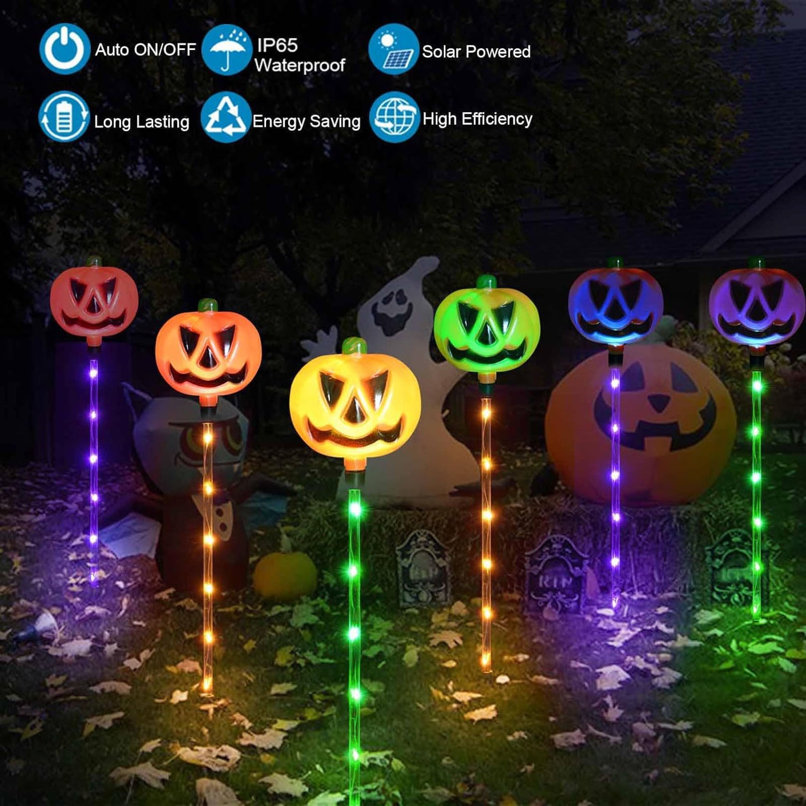 Lot De 2 Lampes Solaires Citrouille Halloween - 16 LEDs, 8 Modes, Étanches IP65 - Décoration Extérieur Jardin - 4