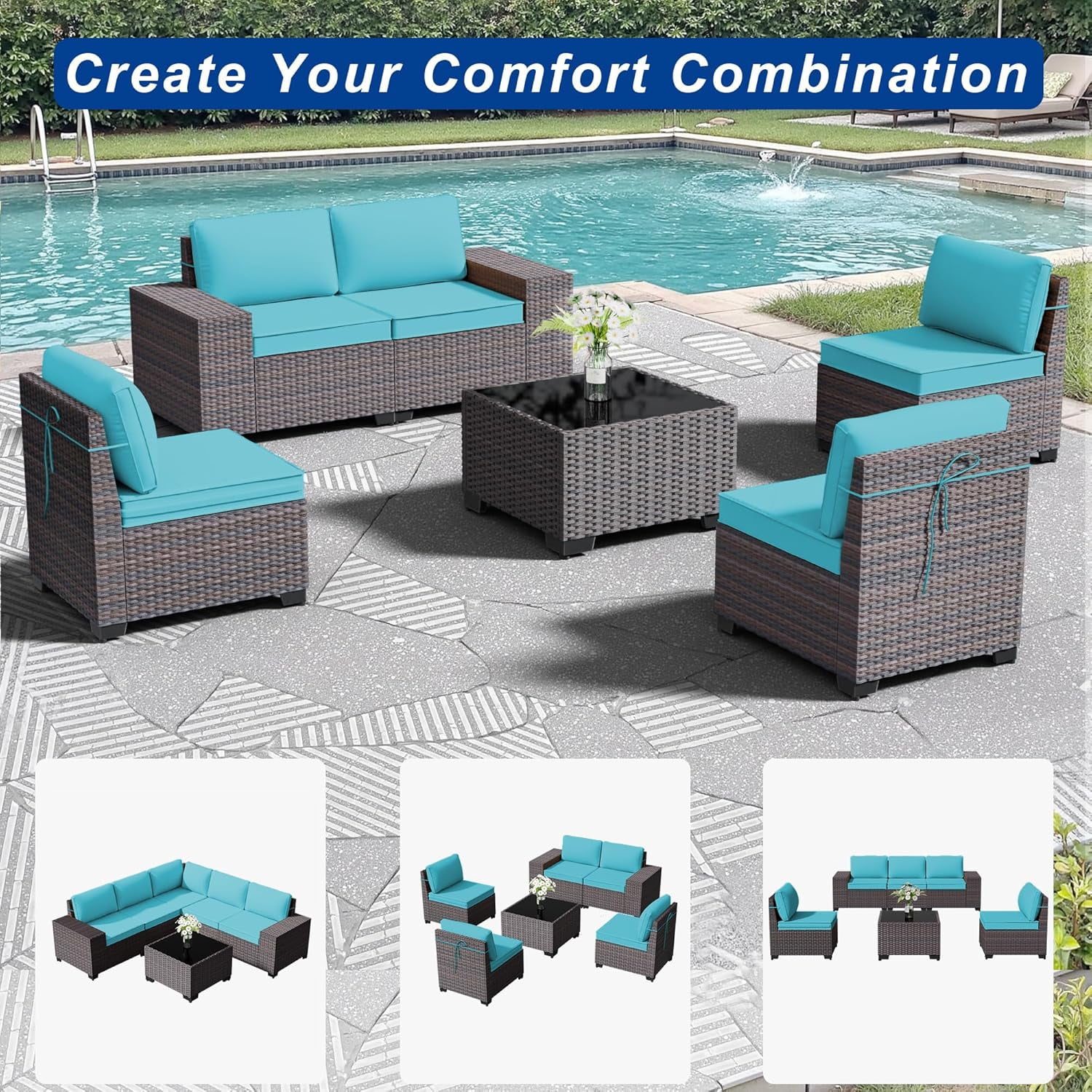 ASJMR 6 Pieces Patio Outdoor Furniture Set All-Weather Rattan Wicker Conversation Outside Sectional Sofa Chair Set with Cushions & Coffee Table,Green