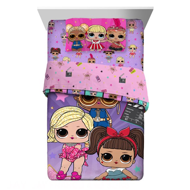 LOL Surprise Kids Twin Bed in a Bag, Comforter and Sheets, Purple and