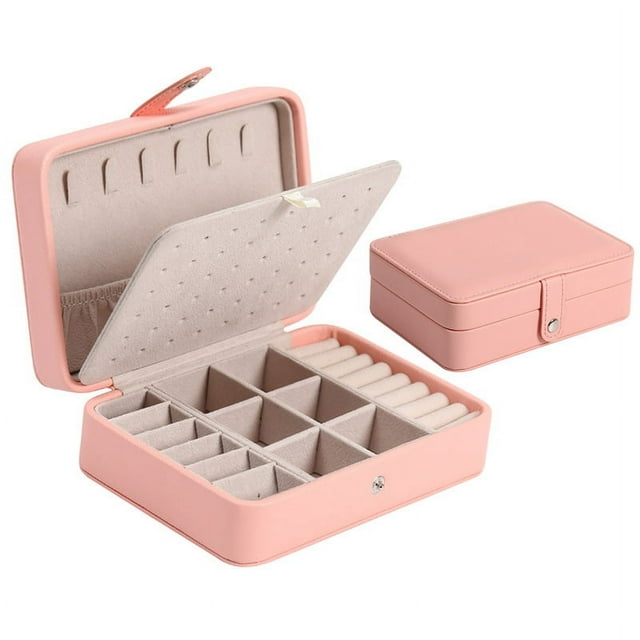 Joyero de doble capa, caja de almacenamiento portátil de cuero PU, utilizada para aretes, collares, anillos, joyeros desmontables, cajas de regalo (rosa)