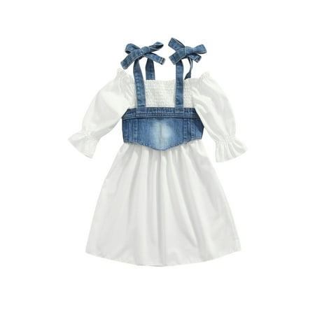 

Sunisery Toddler Baby Girls Fall Outfits Off Shoulder Lantern Sleeve Dress + Denim Strappy Vest Clothes White 12-18 Months