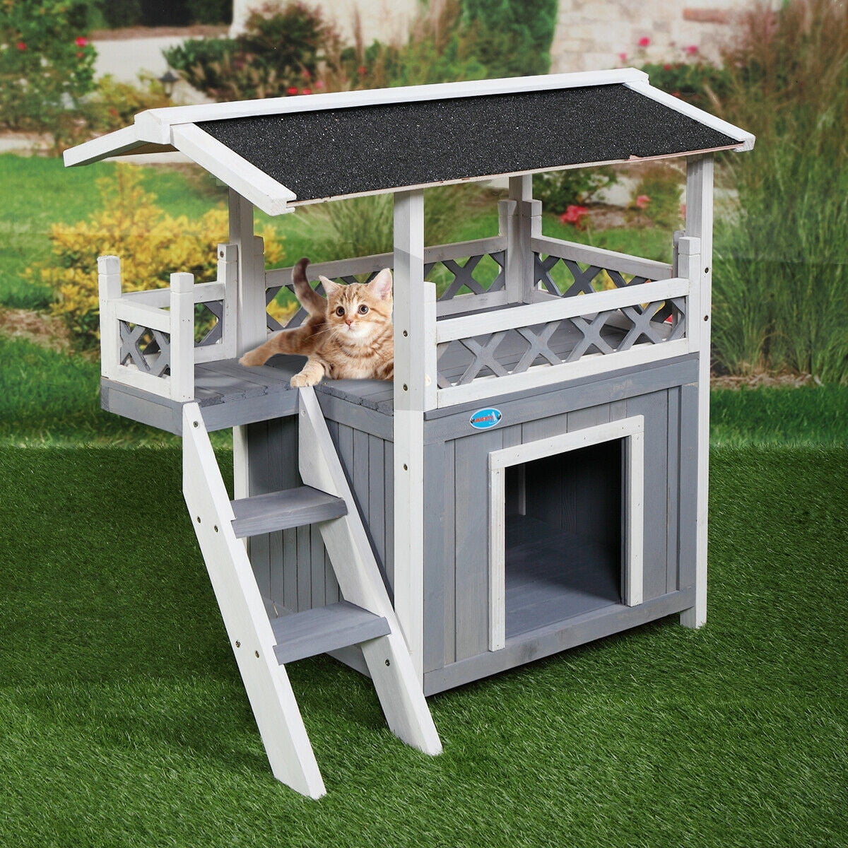 Lowestbest Outdoor Weather-Resistant Cat Condo, Pet House with Steps Balcony Puppy Stairs Lowestbest Outdoor Weather-Resistant Cat Condo, Pet House with Steps Balcony Puppy Stairs