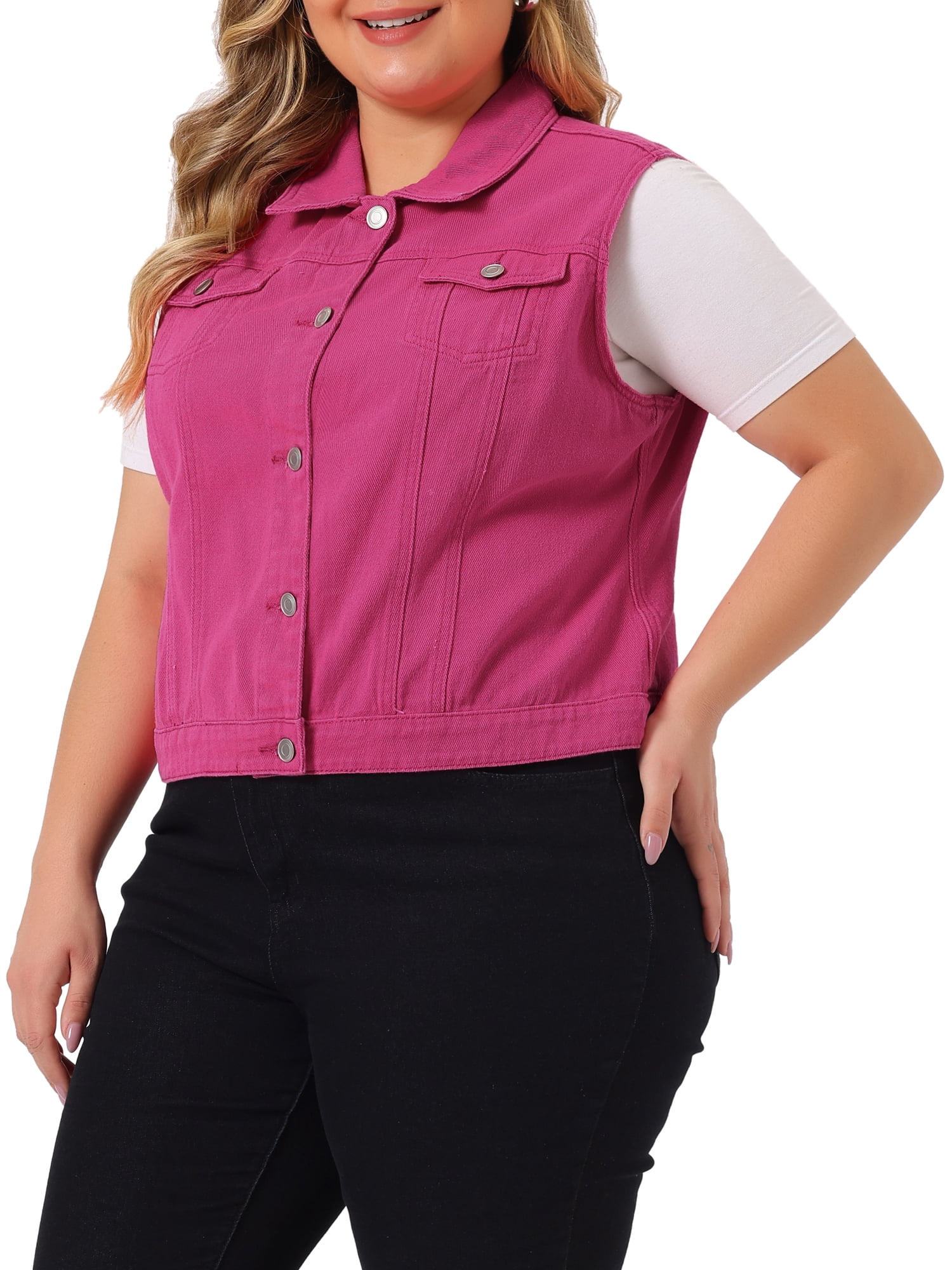 Unique Bargains Women's Plus Size Chest Pockets Single Breasted Denim Sleeveless Jacket