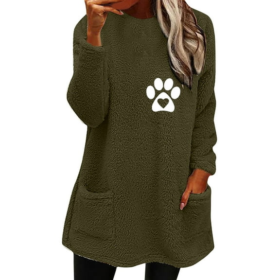 Dyegold Womens Fleece Sweatshirt Cozy Fluffy Loungewear Dog Paw Print Crewneck Casual Teen Girls Sweater Ladies Graphic Fuzzy Hoodie Cute Fleece Pullovers Tops Winter Warm Sweatshirt