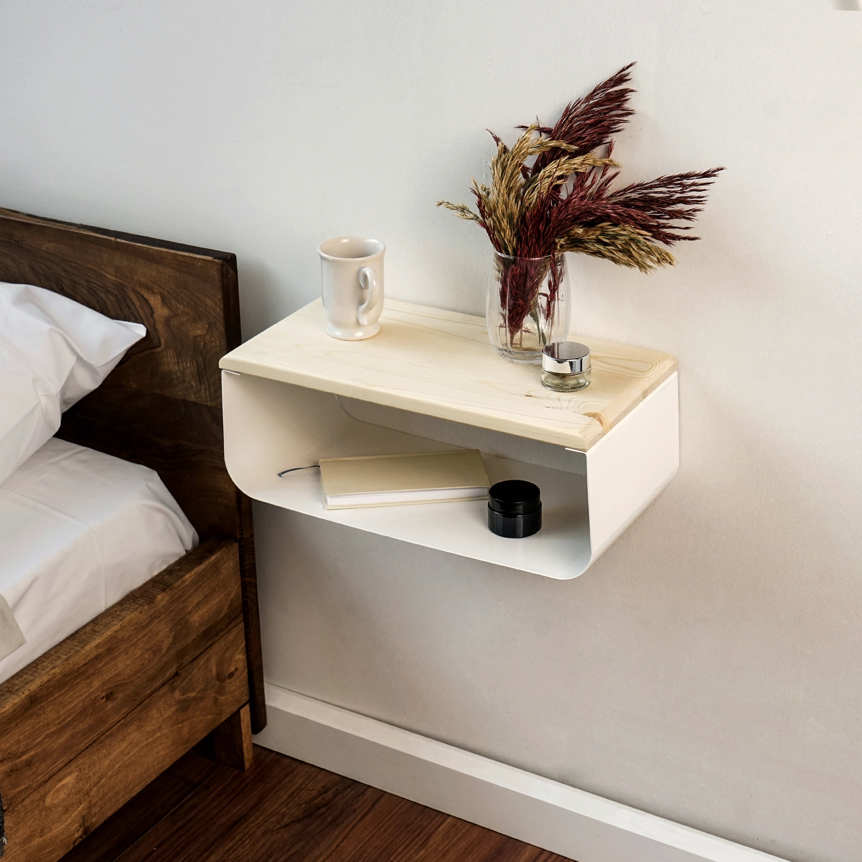 Ultimate Premium Products Small Floating Metal Nightstand with Spruce Top
