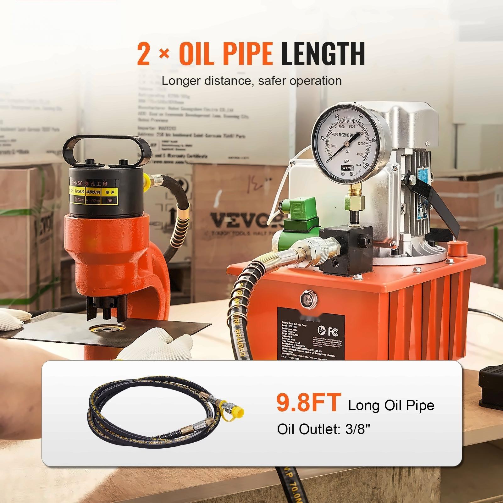 Electric Hydraulic Pump 10000 PSI 750W, 8L Capacity, Single Acting, 110V Power Pack with Pedal for Punching, Bending, Jack Machines - Extended Oil Reach
