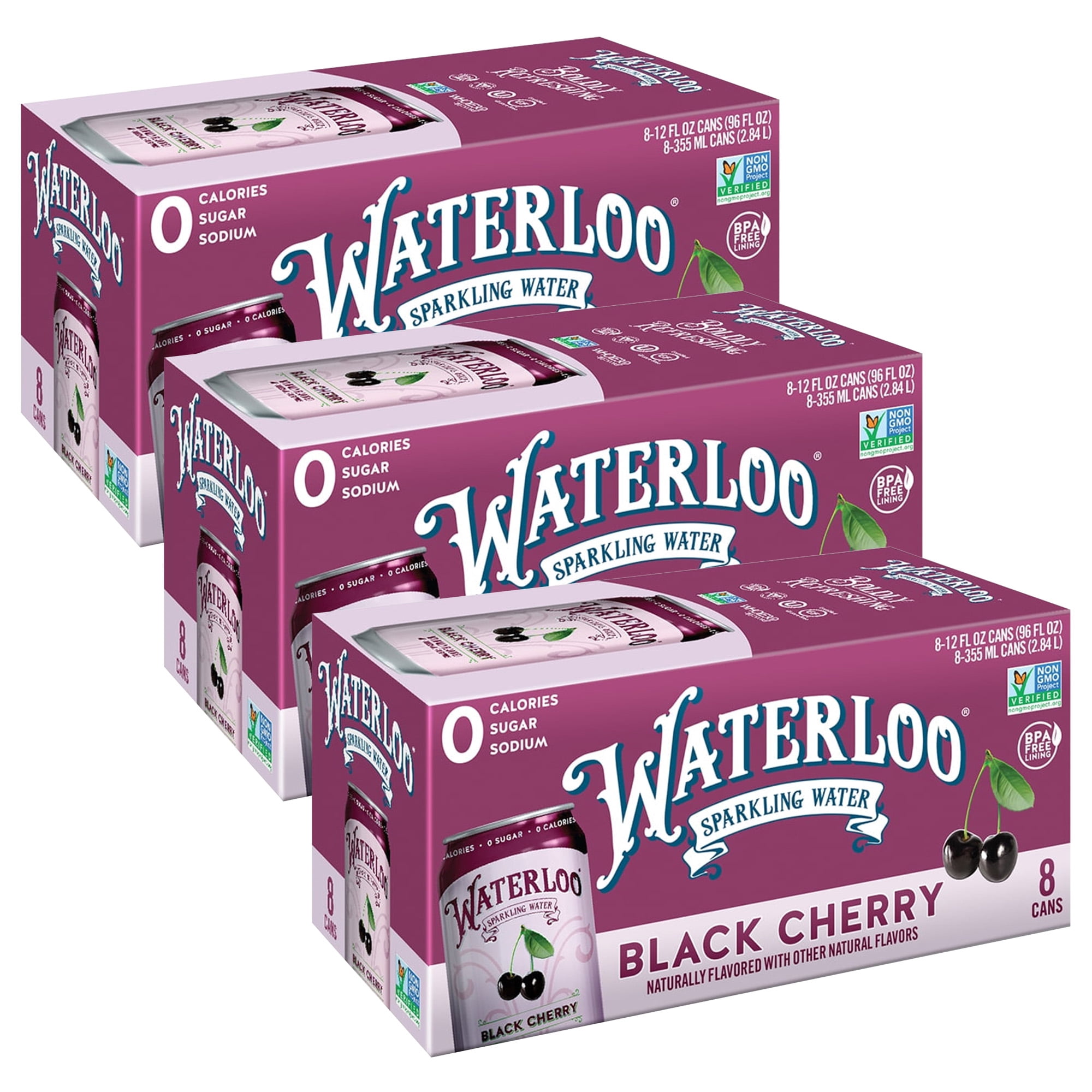 (3 pack) Waterloo Sparkling Water, Black Cherry, 12 fl oz, 8 Pack Cans