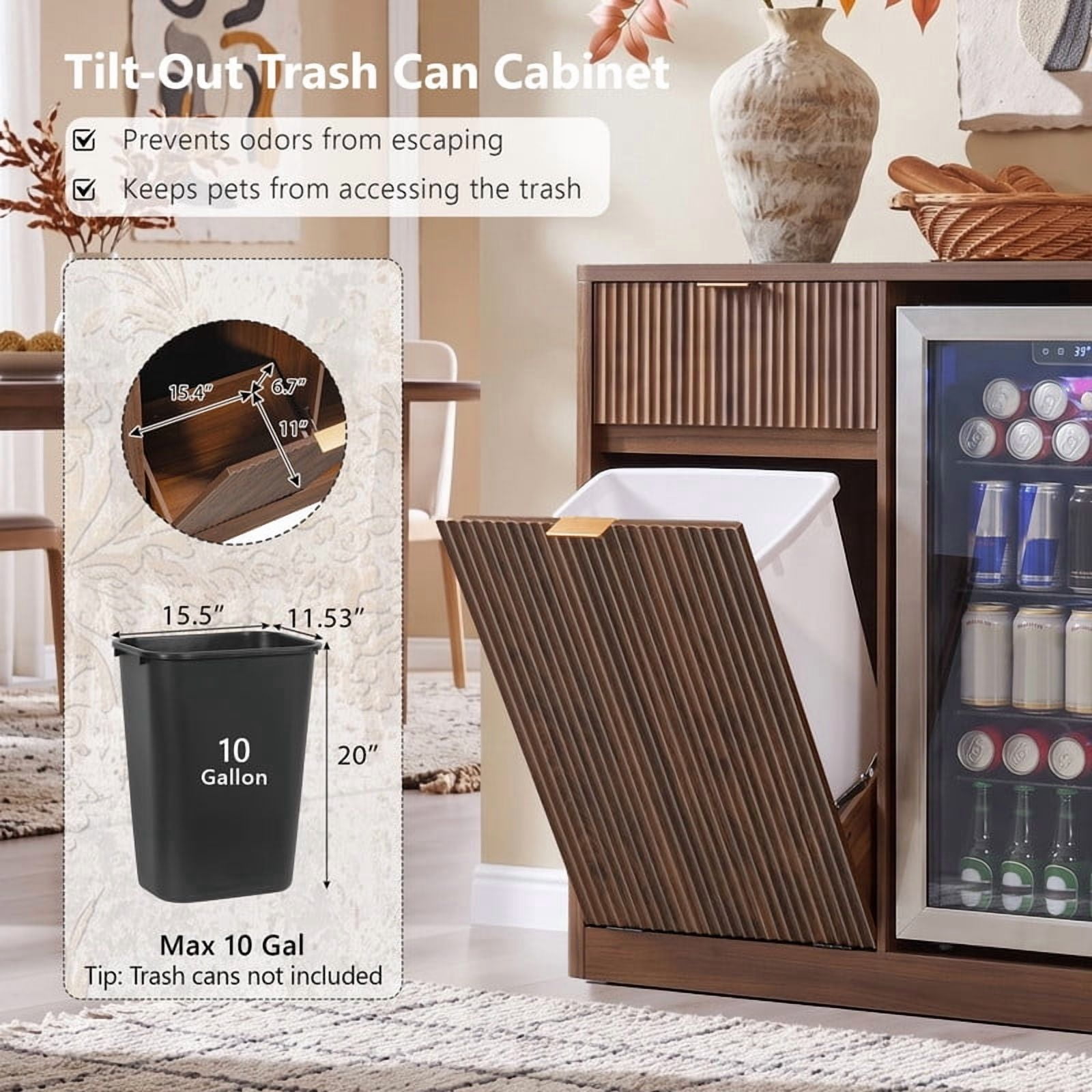 59"W Coffee Bar Storage Cabinet with Small Fridge Space, Kitchen Sideboard Buffet with Tilt-Out Trash Cabinet & Charging Station