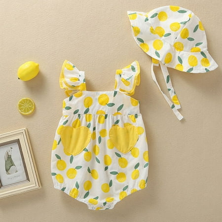 

Bodysuit Sunsuit Baby Romper Straps Girls Print Hat Girls Romper&Jumpsuit