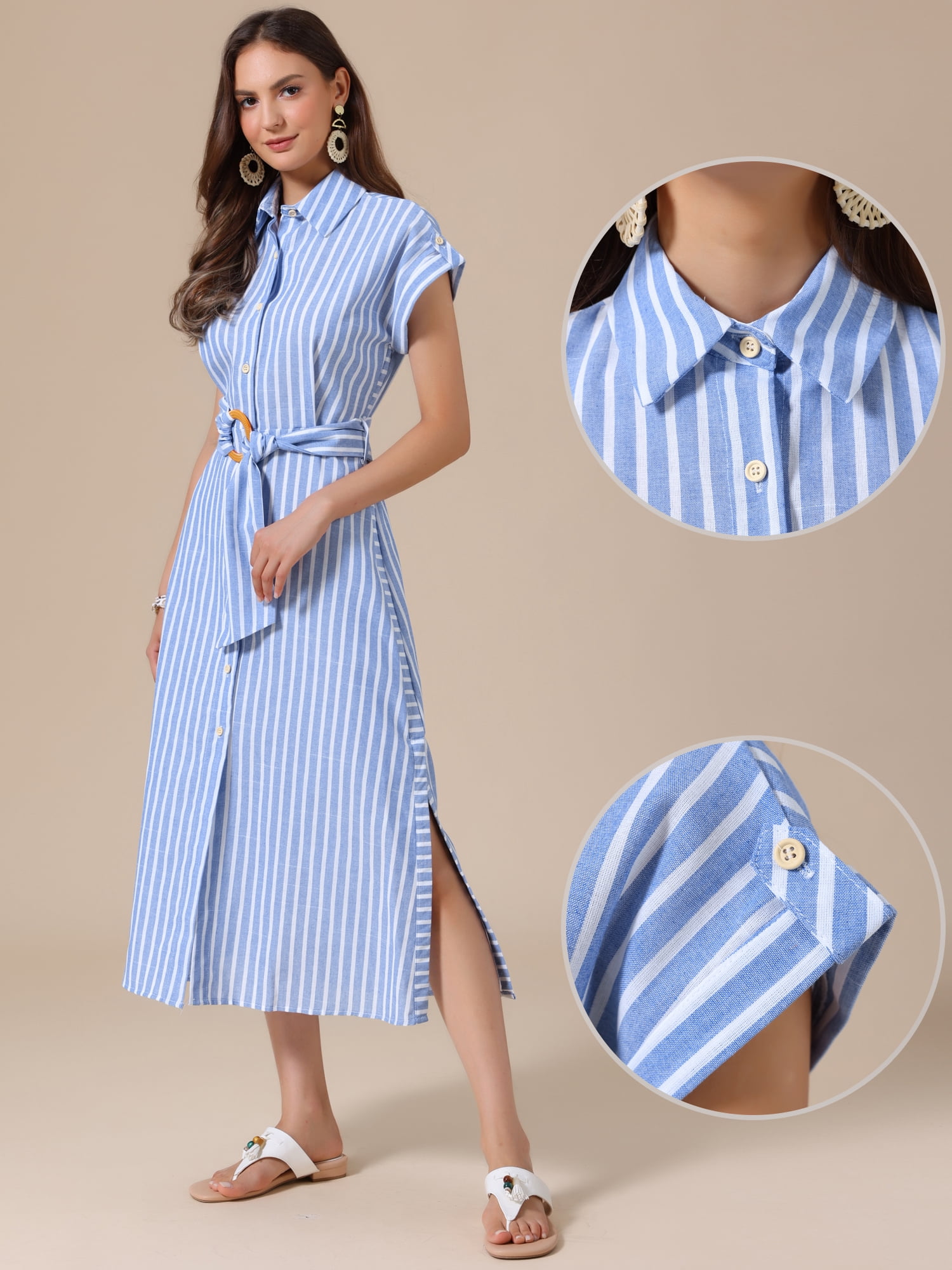 DARING DIVA Women's Button Down Tie Waist Side Slit Striped Midi Dresses S Blue and White