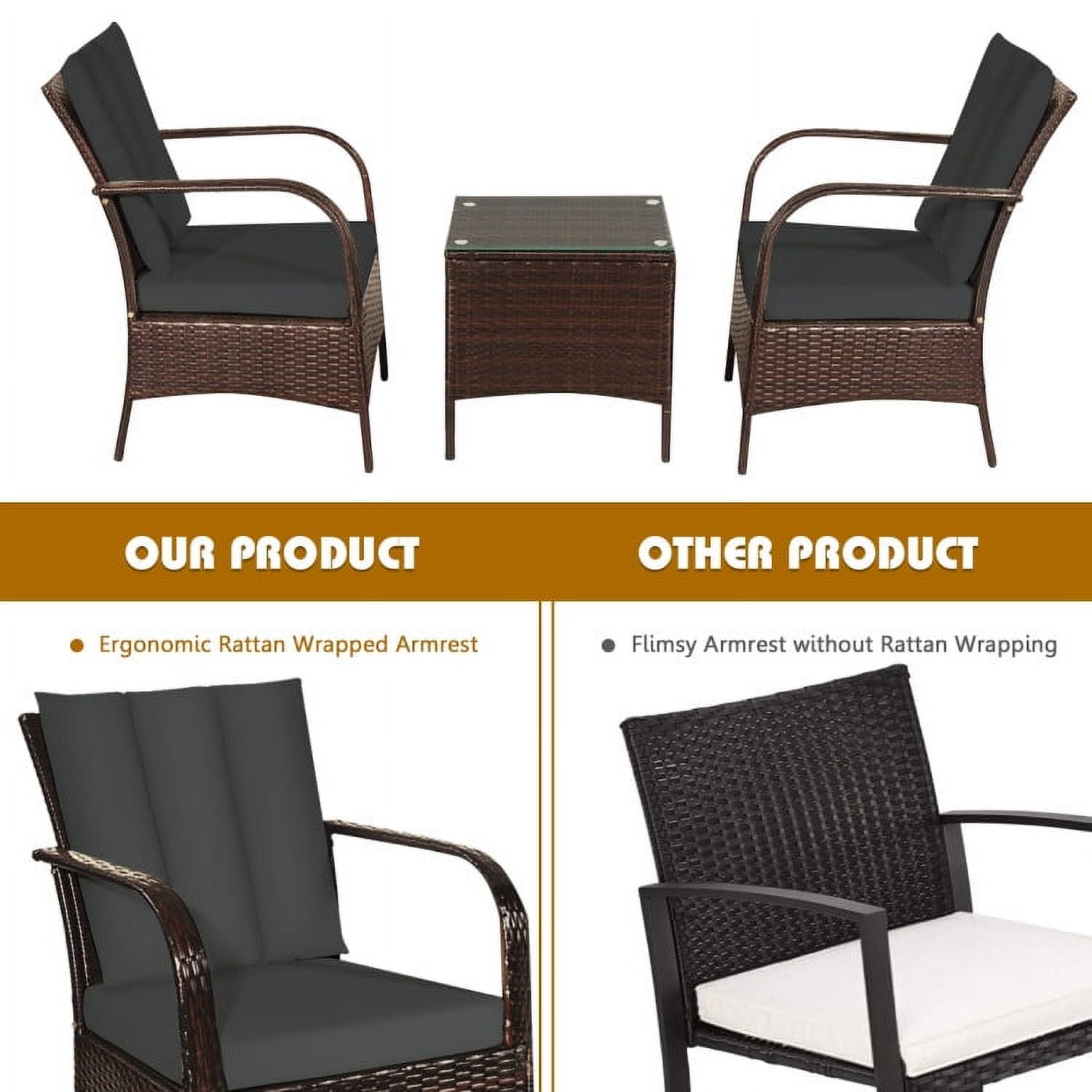 Aimee Lii 3 Pcs Patio Conversation Rattan Furniture Set, Small Patio Set with Glass Top Coffee Table and Cushions, Gray Aimee Lii 3 Pcs Patio Conversation Rattan Furniture Set, Small Patio Set with Glass Top Coffee Table and Cushions, Gray