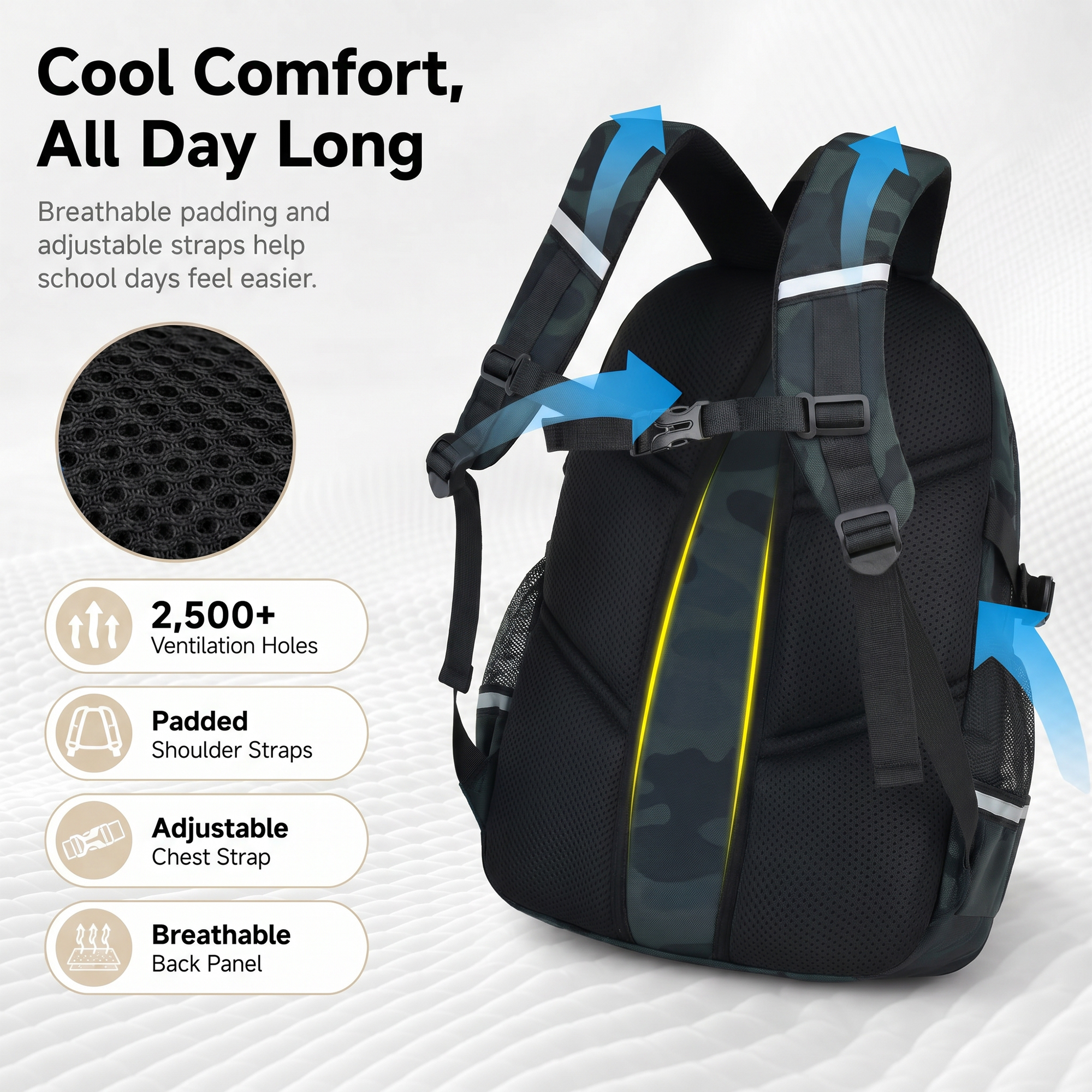 Mochila Escolar para Niños Grados 1-5, Camuflaje Repelente al Agua con Tiras Reflectantes, Transpirable para Primaria y Secundaria, 22L 8